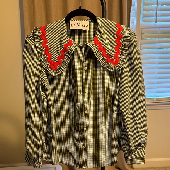 La Veste Women's Gingham Blouse with Red Accents - Picture 1 of 3
